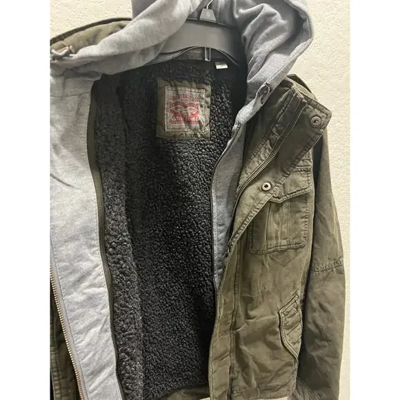 LEVI’S Sherpa MEDIUM Trucker Brown Military Jacket Removable Hood - Picture 9 of 13